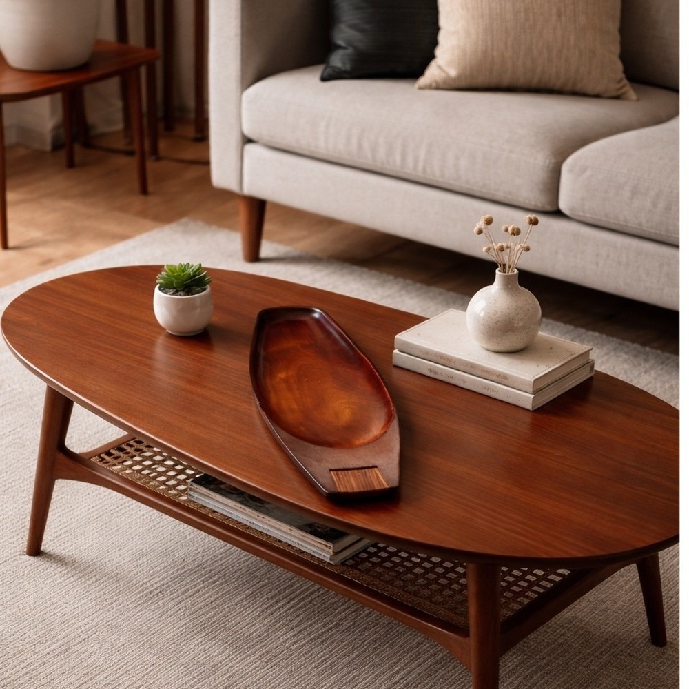 Pantalcraft MCM Handmade Mahogany Wicker Serving Tray Dish Centerpiece Haiti 553